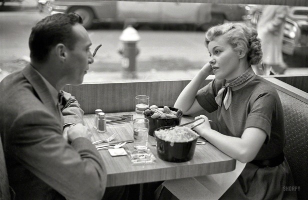 Jaye P. Morgan dines with a friend in 1954. I hope she let her friend order those dills and kraut! (Image via Shorpy)